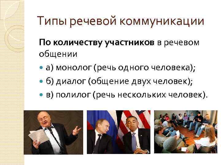 Типы речевой коммуникации По количеству участников в речевом общении а) монолог (речь одного человека);