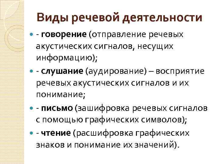 Виды речевой деятельности - говорение (отправление речевых акустических сигналов, несущих информацию); - слушание (аудирование)