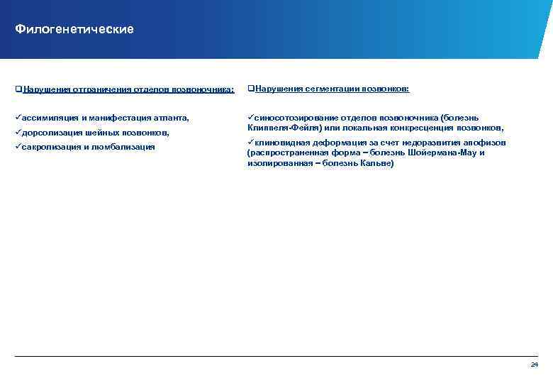 Филогенетические q. Нарушения отграничения отделов позвоночника: q. Нарушения сегментации позвонков: üассимиляция и манифестация атланта,