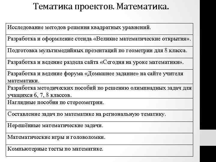 Тематика проектов. Математика. Исследование методов решения квадратных уравнений. Разработка и оформление стенда «Великие математические