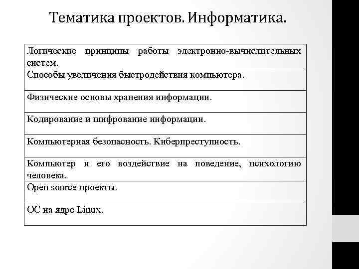 Тематика проектов. Информатика. Логические принципы работы электронно-вычислительных систем. Способы увеличения быстродействия компьютера. Физические основы