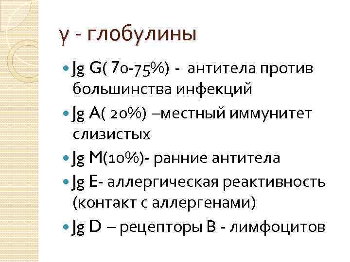 γ - глобулины G( 70 -75%) - антитела против большинства инфекций Jg A( 20%)