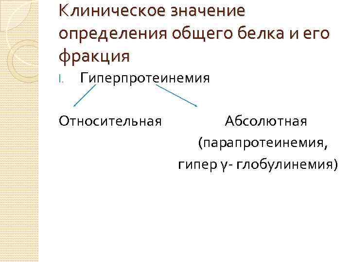 Клиническое значение определения общего белка и его фракция I. Гиперпротеинемия Относительная Абсолютная (парапротеинемия, гипер