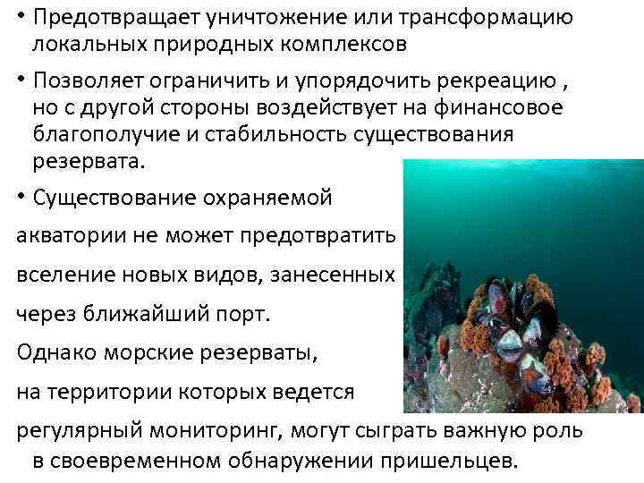  • Предотвращает уничтожение или трансформацию локальных природных комплексов • Позволяет ограничить и упорядочить
