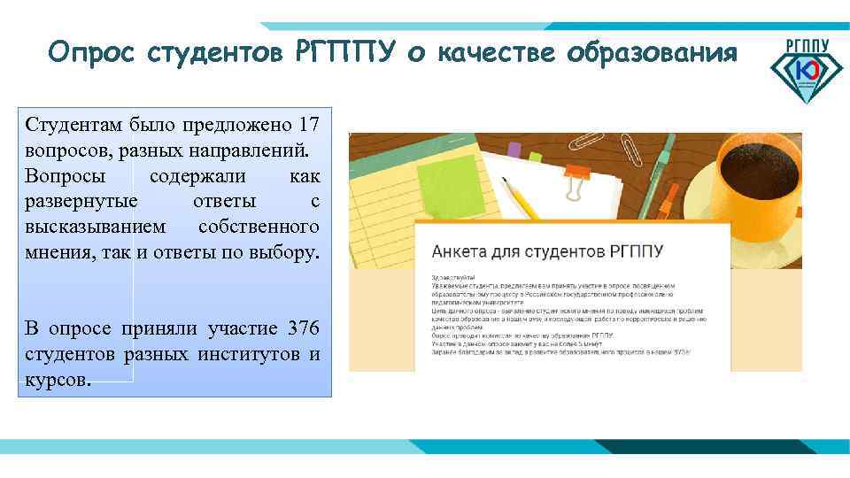 Опрос студентов РГППУ о качестве образования Студентам было предложено 17 вопросов, разных направлений. Вопросы