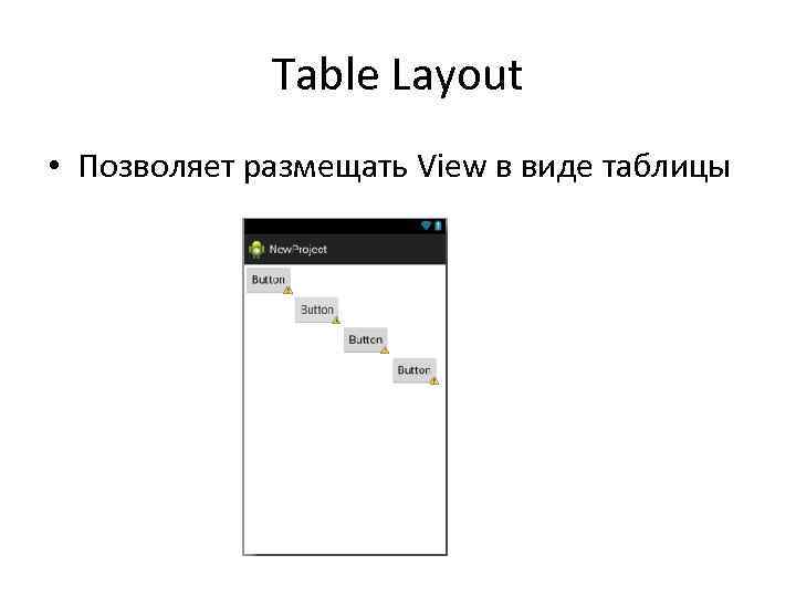 Table Layout • Позволяет размещать View в виде таблицы 