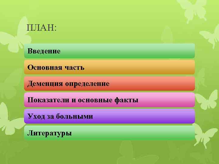ПЛАН: Введение Основная часть Деменция определение Показатели и основные факты Уход за больными Литературы