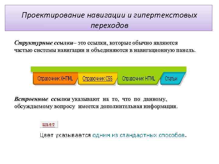 Проектирование навигации и гипертекстовых переходов Структурные ссылки– это ссылки, которые обычно являются частью системы