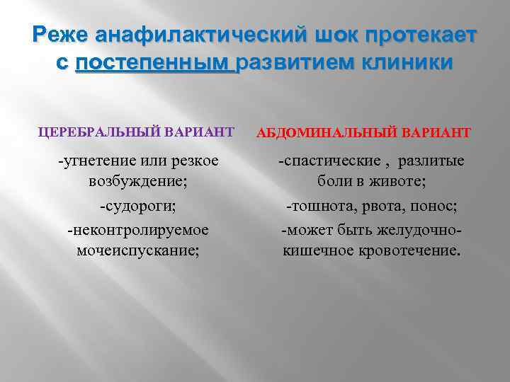 Реже анафилактический шок протекает с постепенным развитием клиники ЦЕРЕБРАЛЬНЫЙ ВАРИАНТ -угнетение или резкое возбуждение;