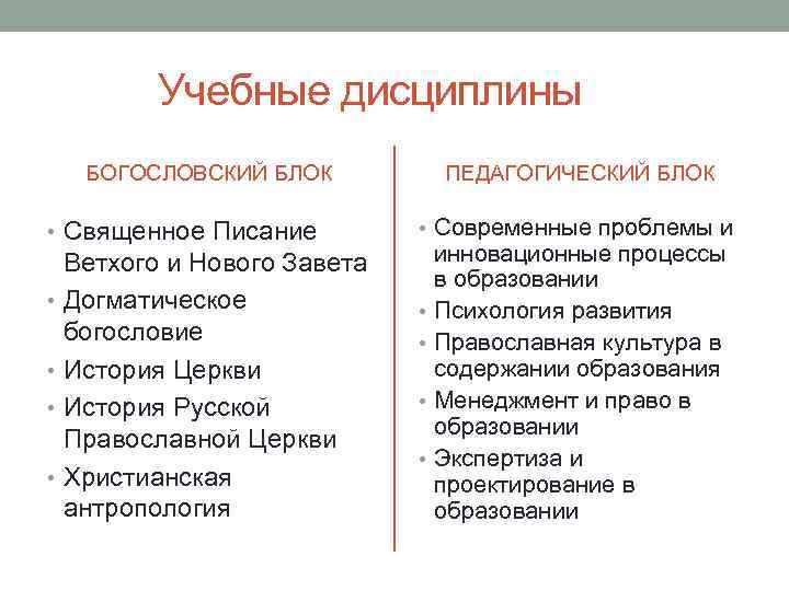 Учебные дисциплины БОГОСЛОВСКИЙ БЛОК • Священное Писание Ветхого и Нового Завета • Догматическое богословие