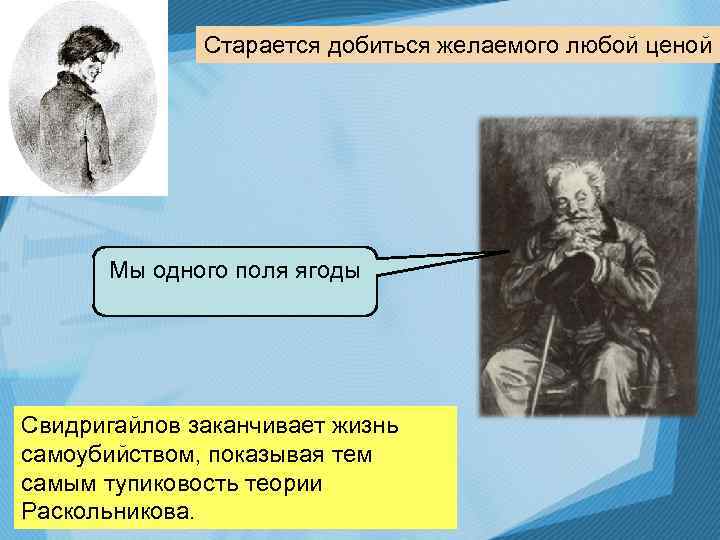 Старается добиться желаемого любой ценой Мы одного поля ягоды Свидригайлов заканчивает жизнь самоубийством, показывая