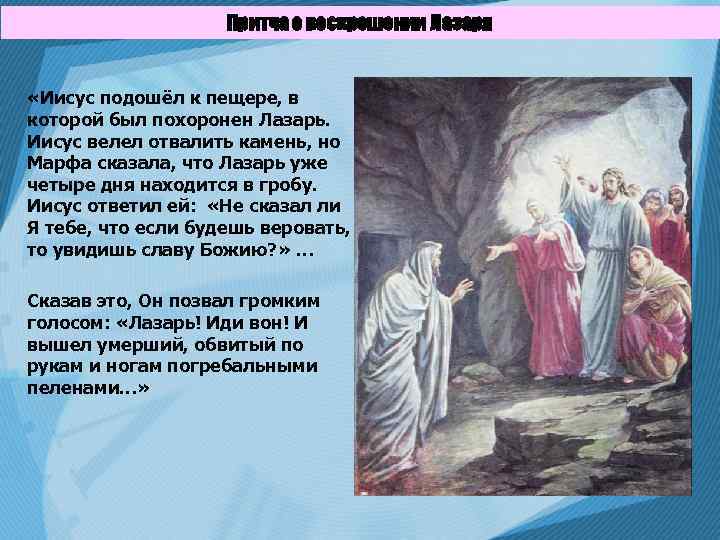 Притча о воскрешении Лазаря «Иисус подошёл к пещере, в которой был похоронен Лазарь. Иисус