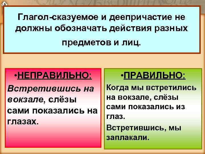 Глагол-сказуемое и деепричастие не должны обозначать действия разных предметов и лиц. • НЕПРАВИЛЬНО: Встретившись