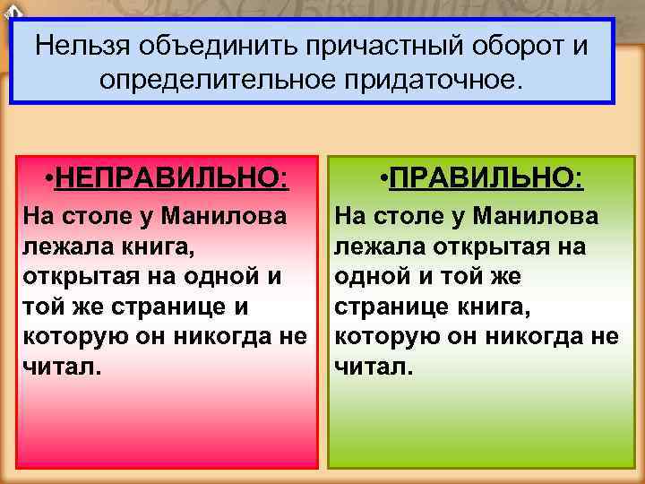 Нельзя объединить причастный оборот и определительное придаточное. • НЕПРАВИЛЬНО: • ПРАВИЛЬНО: На столе у