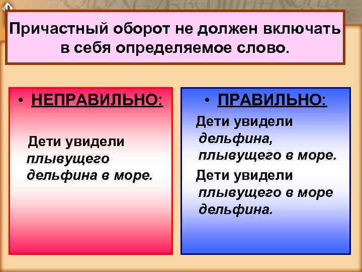 Причастный оборот не должен включать в себя определяемое слово. • НЕПРАВИЛЬНО: • ПРАВИЛЬНО: Дети