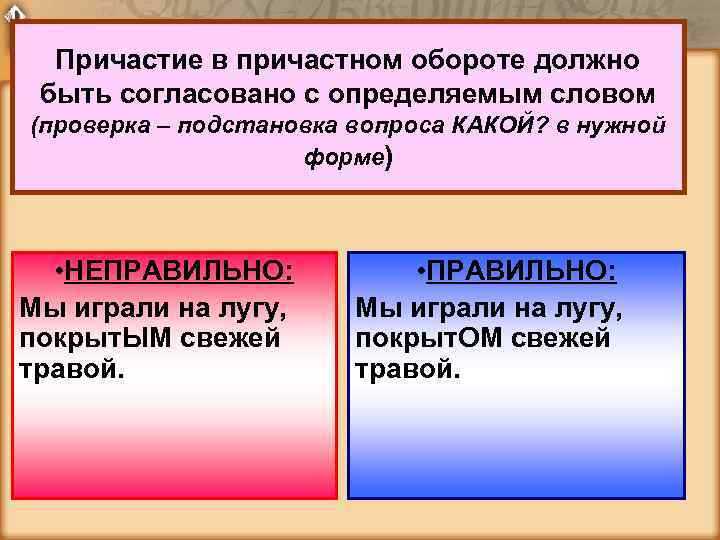 Причастие в причастном обороте должно быть согласовано с определяемым словом (проверка – подстановка вопроса