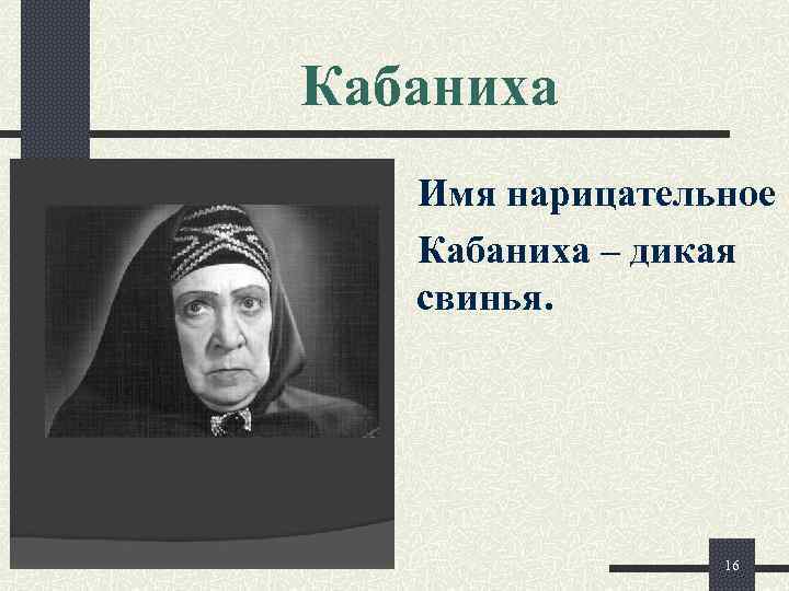 Кабаниха Имя нарицательное Кабаниха – дикая свинья. 16 