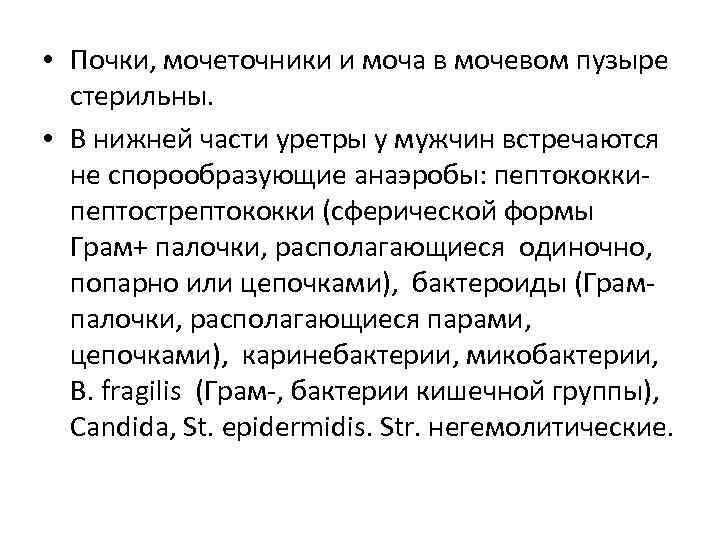  • Почки, мочеточники и моча в мочевом пузыре стерильны. • В нижней части