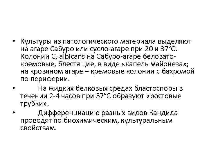  • Культуры из патологического материала выделяют на агаре Сабуро или сусло-агаре при 20