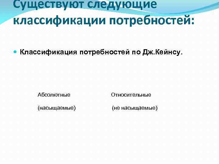 Существуют следующие классификации потребностей: Классификация потребностей по Дж. Кейнсу. Абсолютные Относительные (насыщаемые) (не насыщаемые)