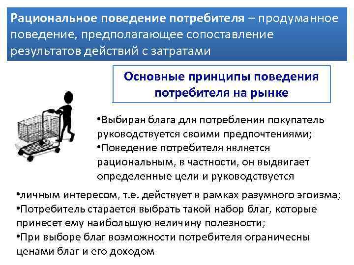 Рациональное поведение потребителя – продуманное поведение, предполагающее сопоставление результатов действий с затратами Основные принципы