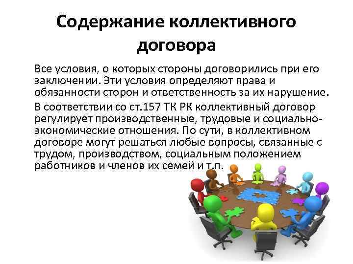 Содержание коллективного договора Все условия, о которых стороны договорились при его заключении. Эти условия