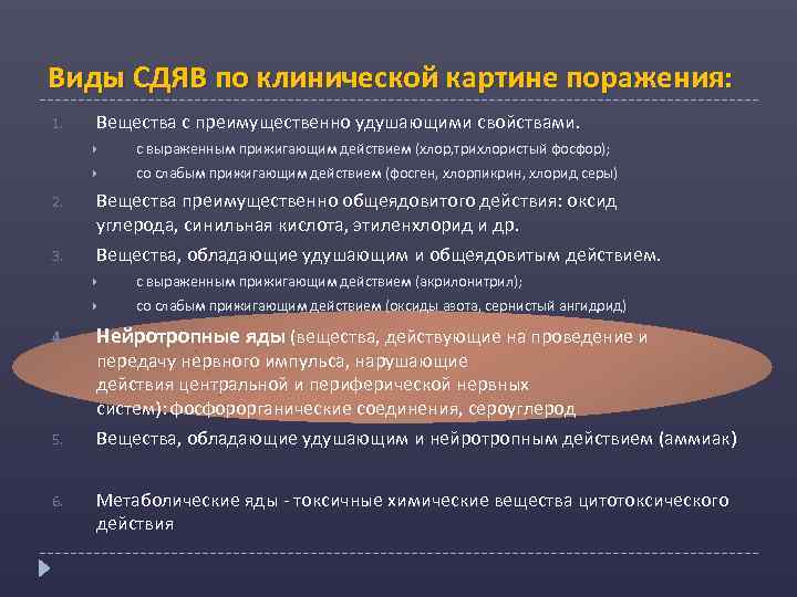 Виды СДЯВ по клинической картине поражения: 1. Вещества с преимущественно удушающими свойствами. с выpаженным