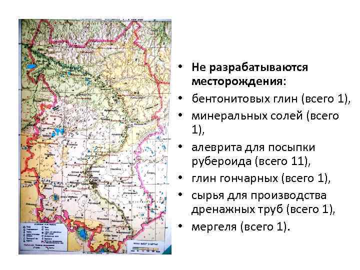  • Не разрабатываются месторождения: • бентонитовых глин (всего 1), • минеральных солей (всего