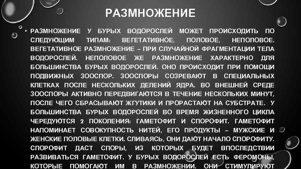 РАЗМНОЖЕНИЕ • РАЗМНОЖЕНИЕ У БУРЫХ ВОДОРОСЛЕЙ МОЖЕТ ПРОИСХОДИТЬ ПО СЛЕДУЮЩИМ ТИПАМ: ВЕГЕТАТИВНОЕ, ПОЛОВОЕ, НЕПОЛОВОЕ.