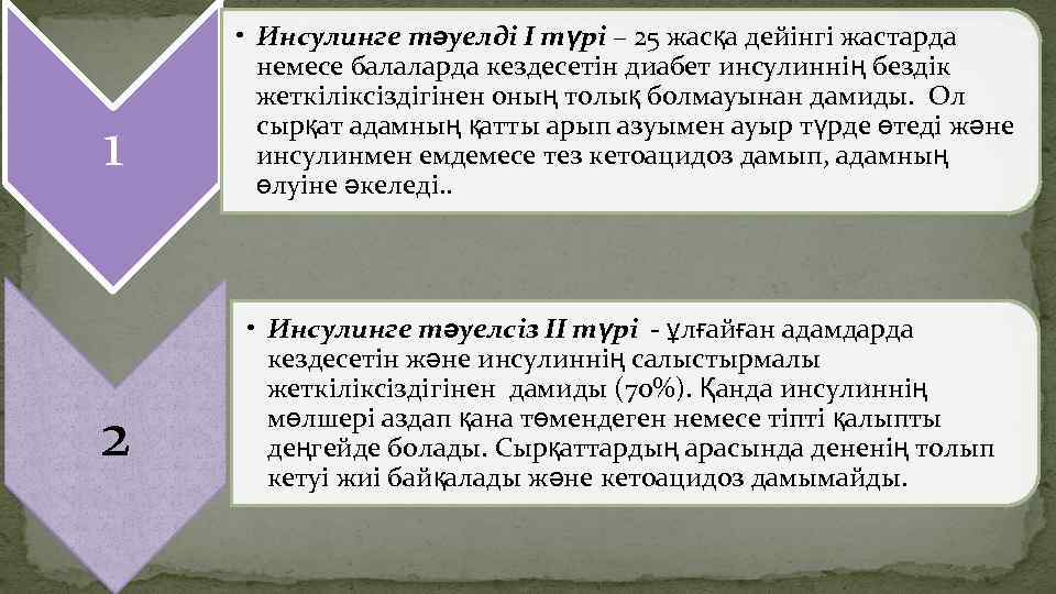  1 2 • Инсулинге тәуелді І түрі – 25 жасқа дейінгі жастарда немесе