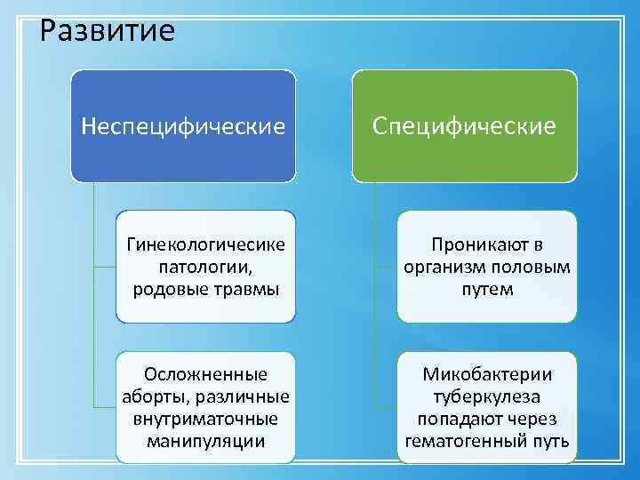 Развитие Неспецифические Специфические Гинекологичесике патологии, родовые травмы Проникают в организм половым путем Осложненные аборты,