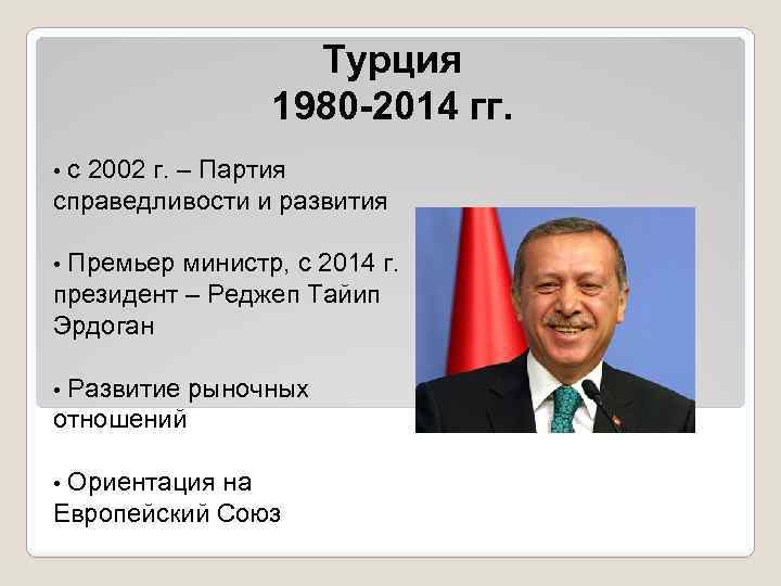 Турция 1980 -2014 гг. с 2002 г. – Партия справедливости и развития • Премьер