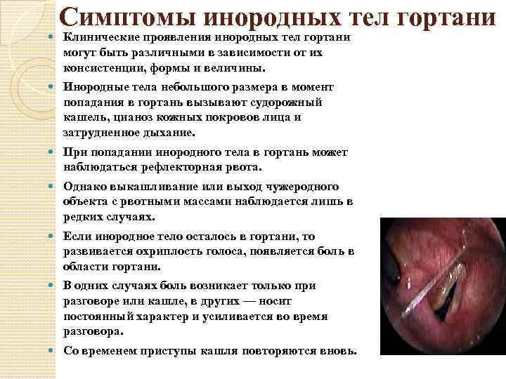 Симптомы инородных тел гортани Клинические проявления инородных тел гортани могут быть различными в зависимости