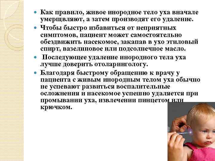 Как правило, живое инородное тело уха вначале умерщвляют, а затем производят его удаление. Чтобы