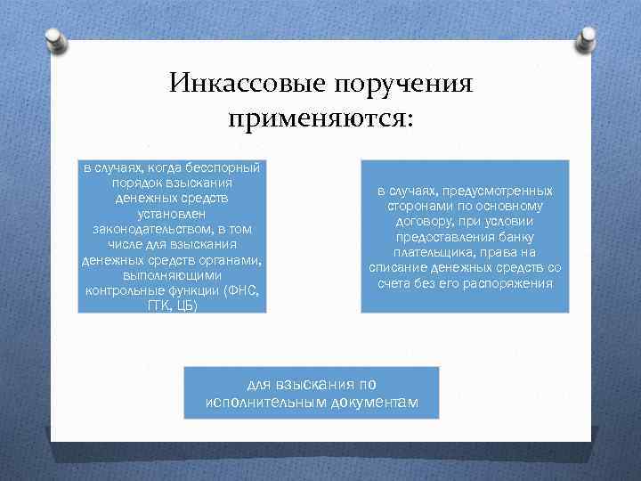 Инкассовые поручения применяются: в случаях, когда бесспорный порядок взыскания денежных средств установлен законодательством, в
