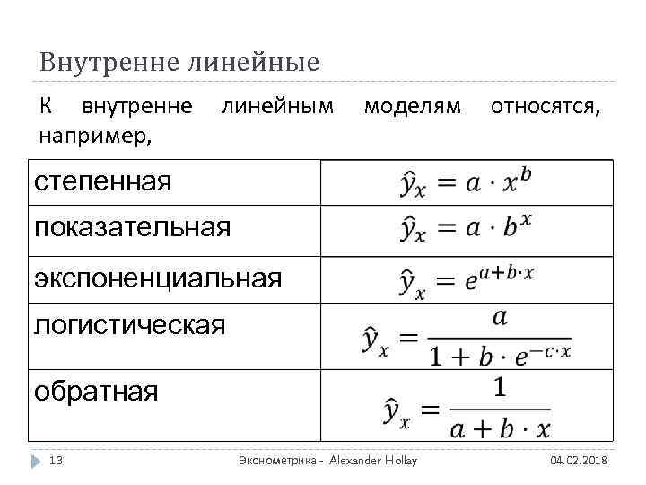 Внутренне линейные К внутренне линейным моделям относятся, например, степенная показательная экспоненциальная логистическая обратная 13