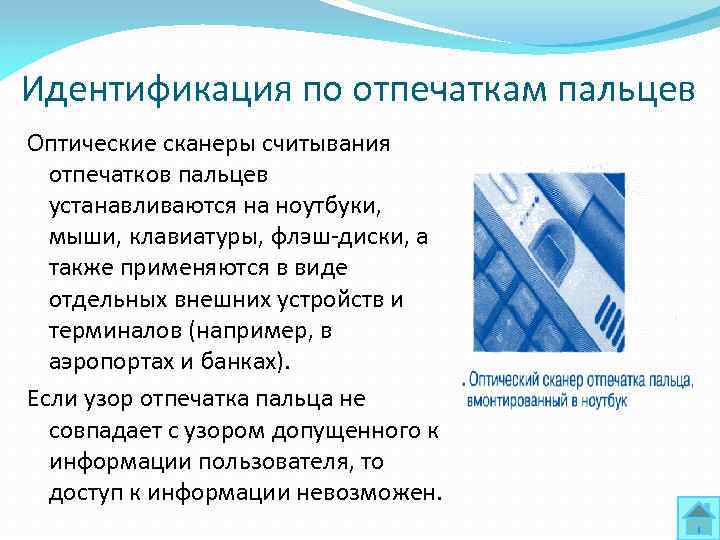 Идентификация по отпечаткам пальцев Оптические сканеры считывания отпечатков пальцев устанавливаются на ноутбуки, мыши, клавиатуры,