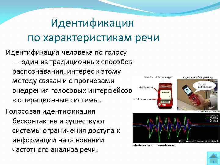 Идентификация по характеристикам речи Идентификация человека по голосу — один из традиционных способов распознавания,