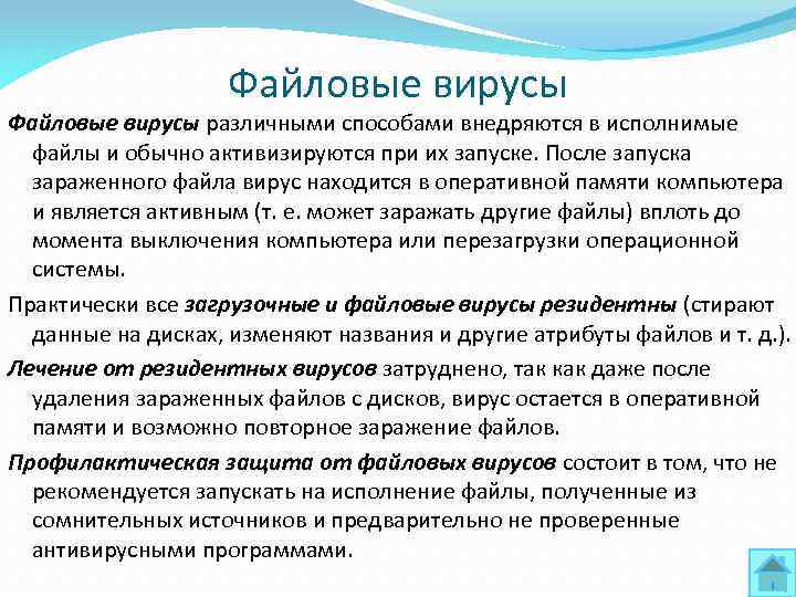 Файловые вирусы различными способами внедряются в исполнимые файлы и обычно активизируются при их запуске.