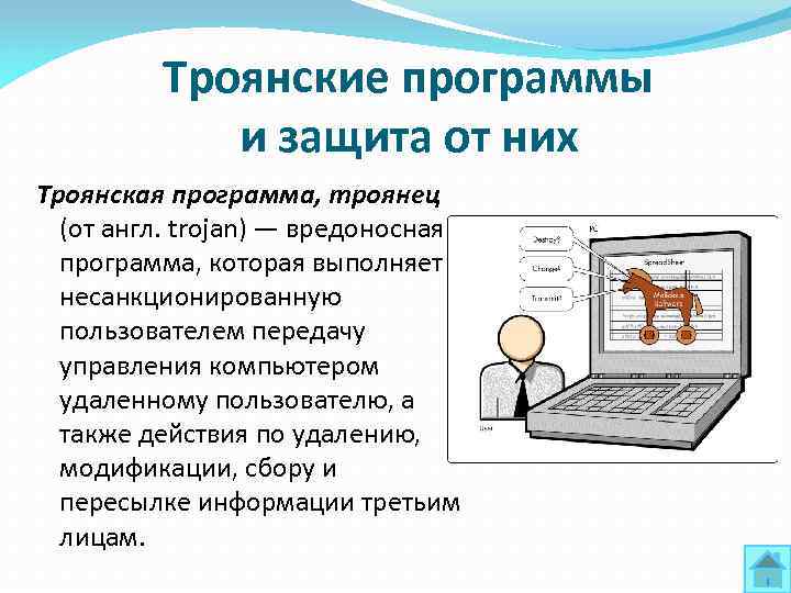 Троянские программы и защита от них Троянская программа, троянец (от англ. trojan) — вредоносная