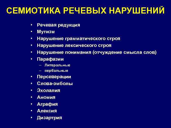 СЕМИОТИКА РЕЧЕВЫХ НАРУШЕНИЙ • • • Речевая редукция Мутизм Нарушение грамматического строя Нарушение лексического
