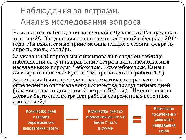 Наблюдения за ветрами. Анализ исследования вопроса Нами велись наблюдения за погодой в Чувашской Республике