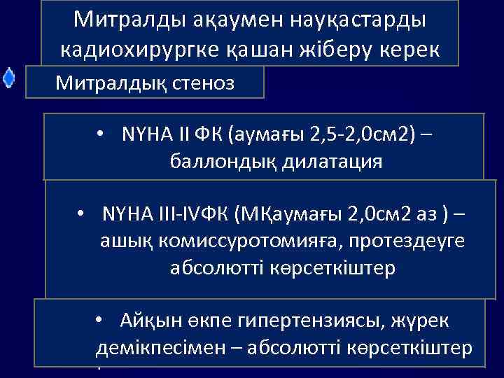 Митралды ақаумен науқастарды кадиохирургке қашан жіберу керек Митралдық стеноз • NYHA II ФК (аумағы