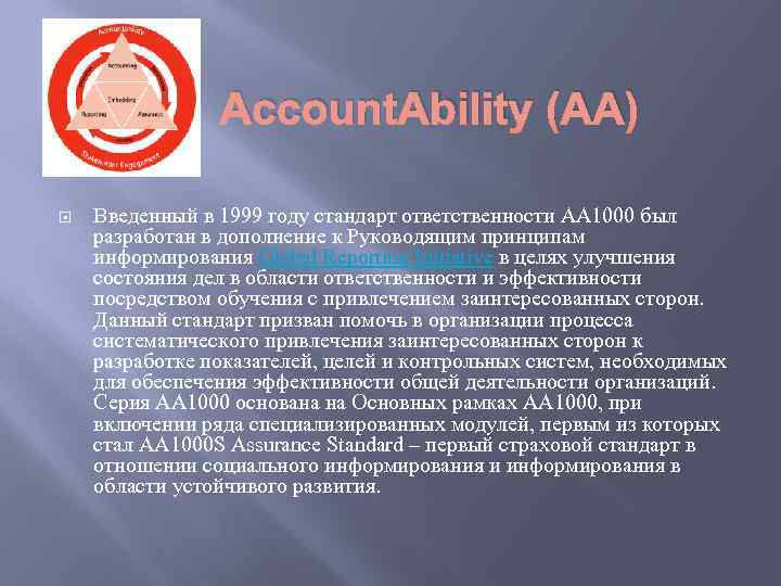 Account. Ability (AA) Введенный в 1999 году стандарт ответственности AA 1000 был разработан в