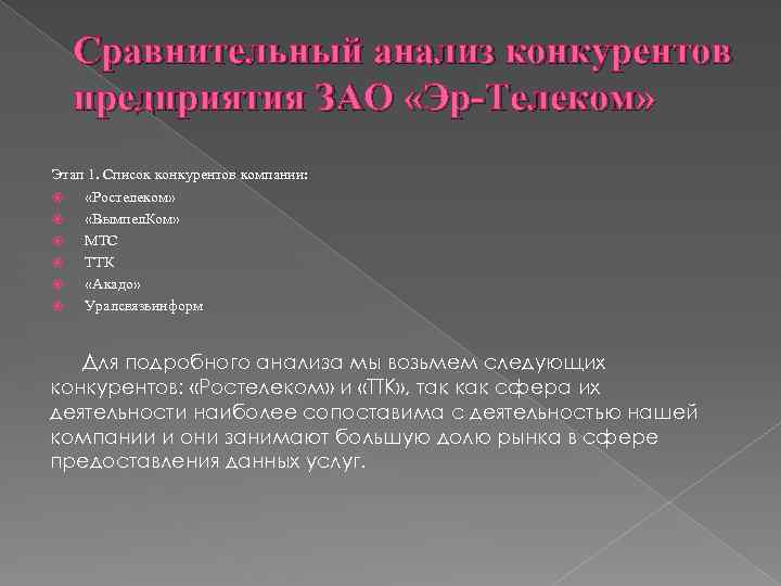 Сравнительный анализ конкурентов предприятия ЗАО «Эр-Телеком» Этап 1. Список конкурентов компании: «Ростелеком» «Вымпел. Ком»