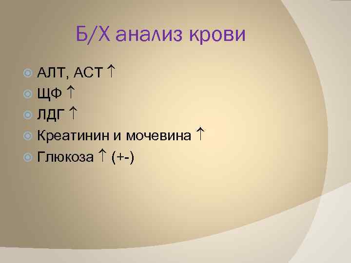 Б/Х анализ крови АЛТ, АСТ ЩФ ЛДГ Креатинин и мочевина Глюкоза (+-) 