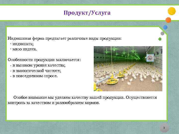 Продукт/Услуга Индюшиная ферма предлагает различные виды продукции: · индюшата; · мясо индеек. Особенности продукции