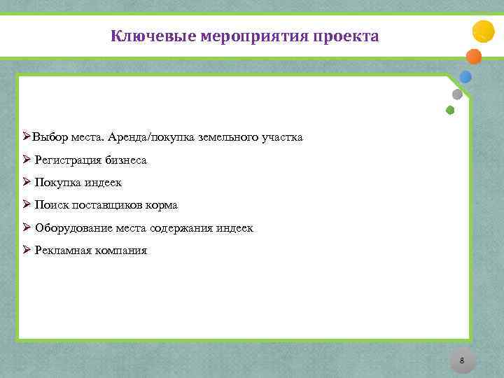 Ключевые мероприятия проекта ØВыбор места. Аренда/покупка земельного участка Ø Регистрация бизнеса Ø Покупка индеек