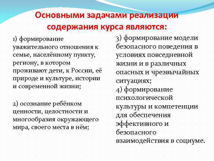 Основными задачами реализации содержания курса являются: 1) формирование уважительного отношения к семье, населённому пункту,