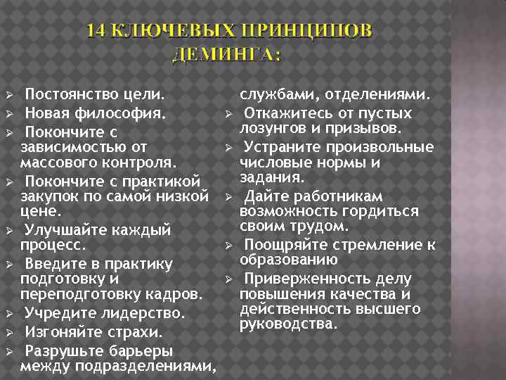 14 КЛЮЧЕВЫХ ПРИНЦИПОВ ДЕМИНГА: Ø Ø Ø Ø Ø Постоянство цели. Новая философия. Покончите
